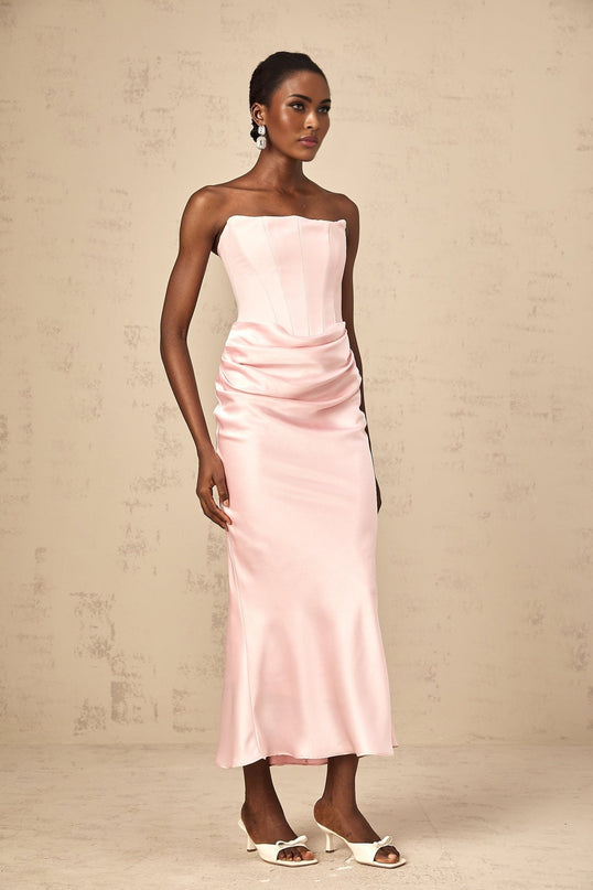 Bice Pink Pleasing Maxi Dress Off-shoulder Corset Style Satin Finish Pleat Detailing Flared Hem Maxi Length Rear Zip Fastening Terylene fiber