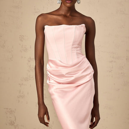 Bice Pink Pleasing Maxi Dress Off-shoulder Corset Style Satin Finish Pleat Detailing Flared Hem Maxi Length Rear Zip Fastening 100% Terylene fiber