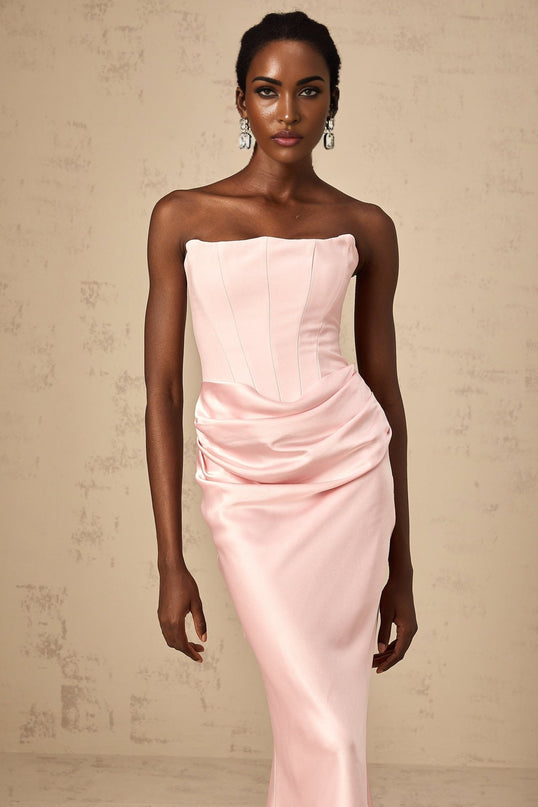 Bice Pink Pleasing Maxi Dress Off-shoulder Corset Style Satin Finish Pleat Detailing Flared Hem Maxi Length Rear Zip Fastening 100% Terylene fiber