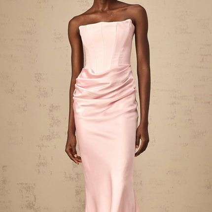 Bice Pink Pleasing Maxi Dress Off-shoulder Corset Style Satin Finish Pleat Detailing Flared Hem Maxi Length Rear Zip Fastening Terylene Fiber