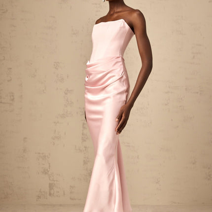 Bice Pink Pleasing Maxi Dress Off-shoulder Corset Style Satin Finish Pleat Detailing Flared Hem Maxi Length Rear Zip Fastening 100% Terylene fiber