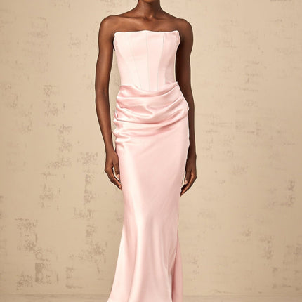 Bice Pink Pleasing Maxi Dress Off-shoulder Corset Style Satin Finish Pleat Detailing Flared Hem Maxi Length Rear Zip Fastening 100% Terylene fiber
