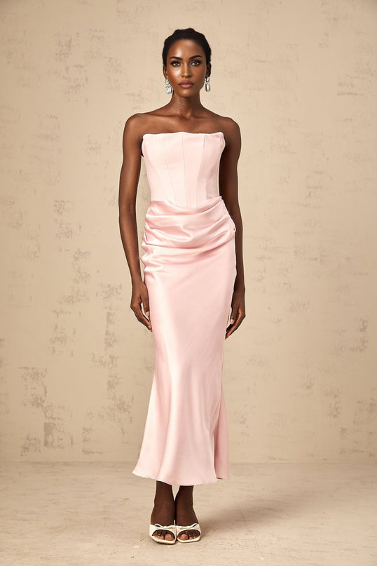 Bice Pink Pleasing Maxi Dress Off-shoulder Corset Style Satin Finish Pleat Detailing Flared Hem Maxi Length Rear Zip Fastening 100% Terylene fiber