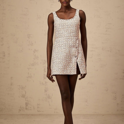 Bice Pink Tweed Mini Dress with Crystal Embellishments