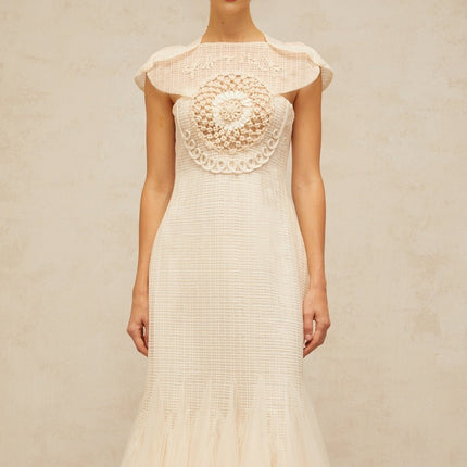 Bice White Jacquard Weave Tulle Panel Midi Dress