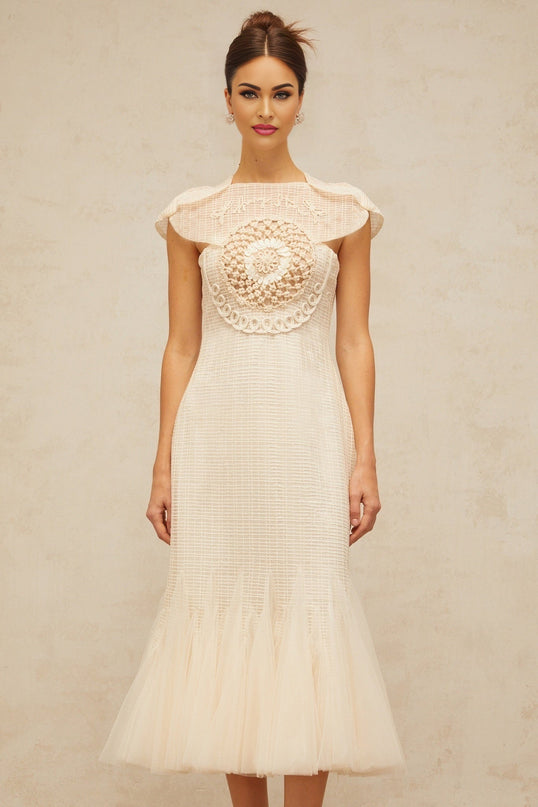 Bice White Jacquard Weave Tulle Panel Midi Dress