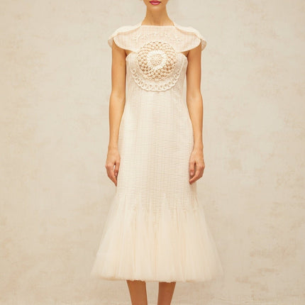 Bice White Jacquard Weave Tulle Panel Midi Dress