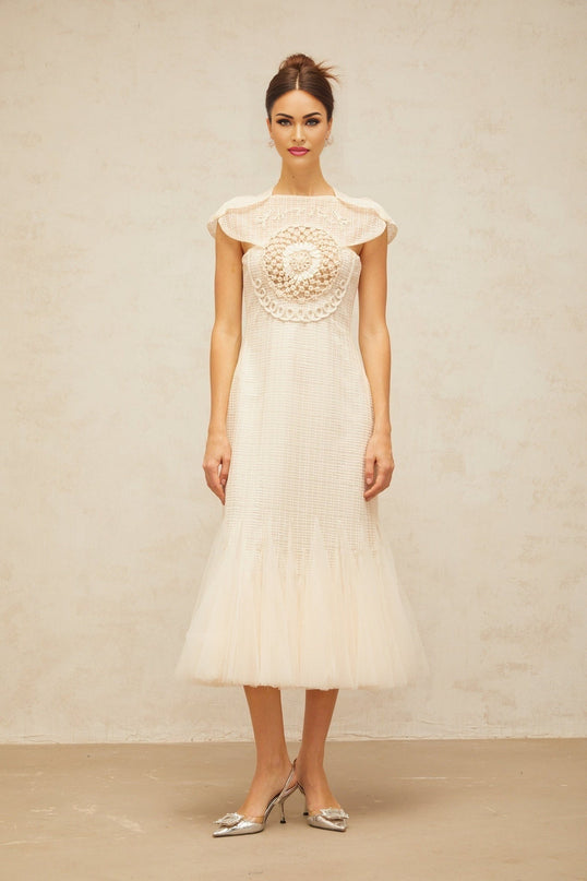 Bice White Jacquard Weave Tulle Panel Midi Dress