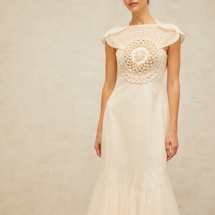 Bice White Jacquard Weave Tulle Panel Midi Dress