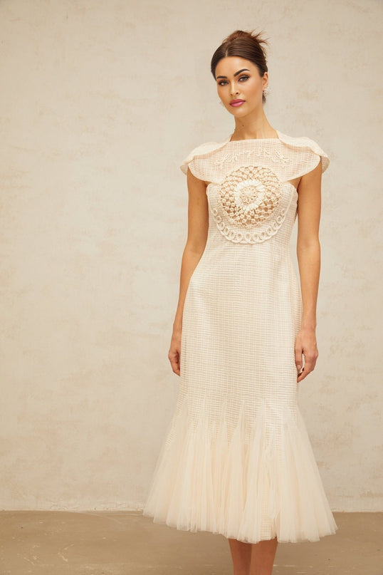 Bice White Jacquard Weave Tulle Panel Midi Dress