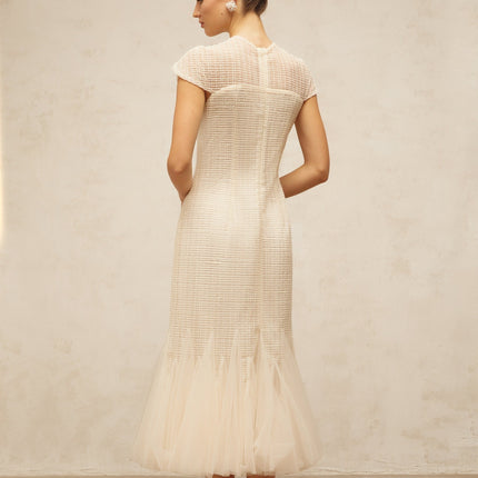 Bice White Jacquard Weave Tulle Panel Midi Dress