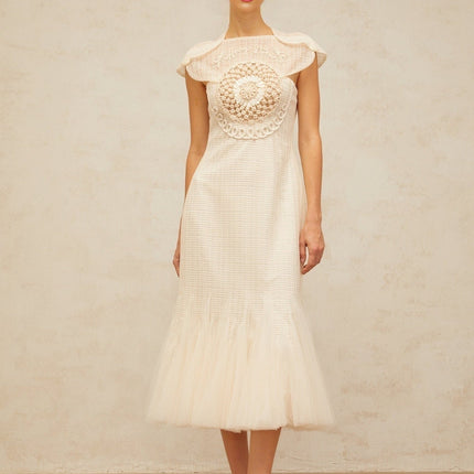 Bice White Jacquard Weave Tulle Panel Midi Dress