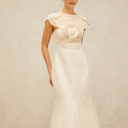 Bice White Midi Dress with Cap Sleeves and Tulle Panelling