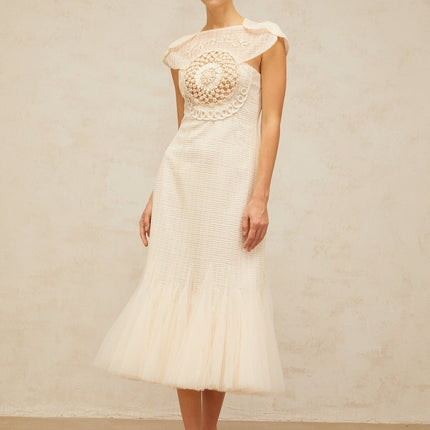 Bice White Midi Dress with Cap Sleeves and Tulle Panelling