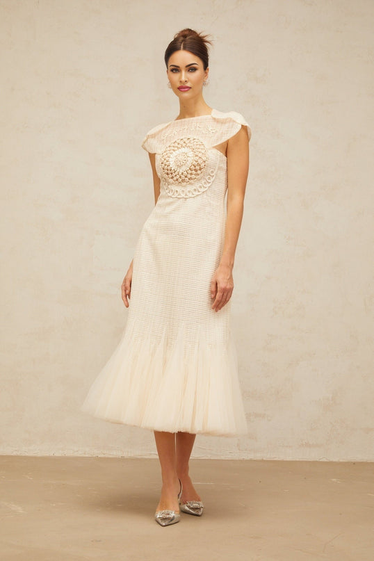 Bice White Midi Dress with Cap Sleeves and Tulle Panelling