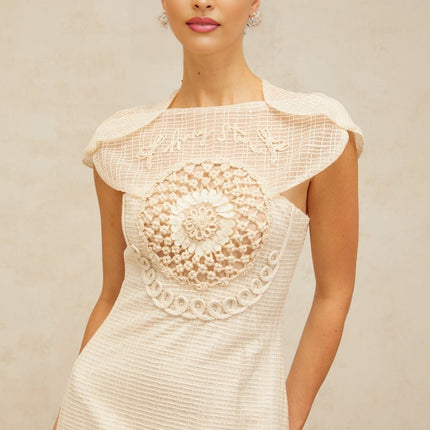 Bice White Midi Dress with Cap Sleeves and Tulle Panelling