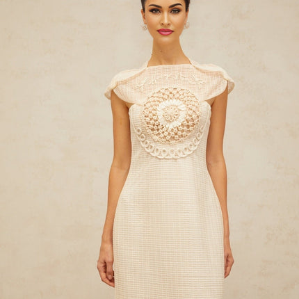 Bice White Midi Dress with Cap Sleeves and Tulle Panelling