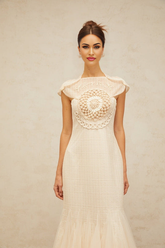 Bice White Midi Dress with Cap Sleeves and Tulle Panelling