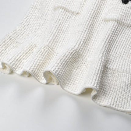 Bice White Textured Knit V-Neck Dress Cream Black Accents