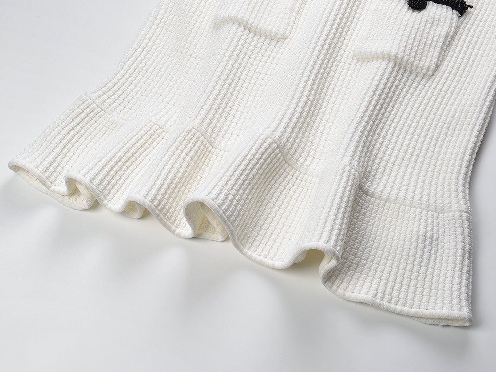 Bice White Textured Knit V-Neck Dress Cream Black Accents