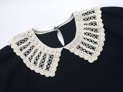 Black A-line Dress with Vintage-Inspired Lace Collar and Puffed Sleeves