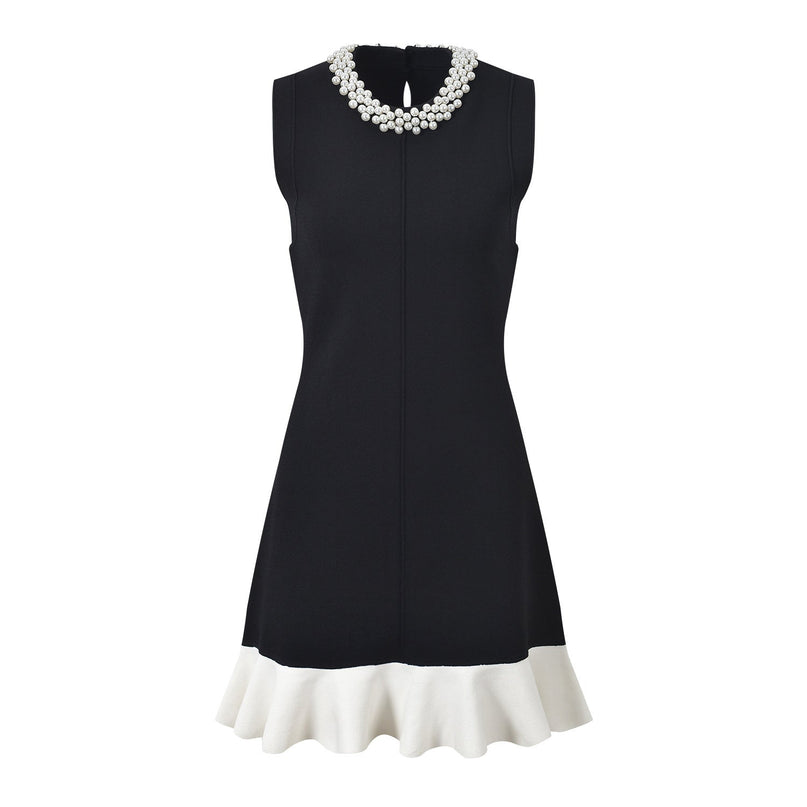 Black A-line Dress with White Accents and Pearl Embellishment