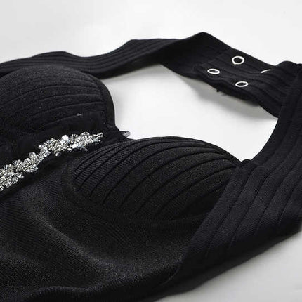 Black A-line Halter Neckline Dress with Floral Embellishment