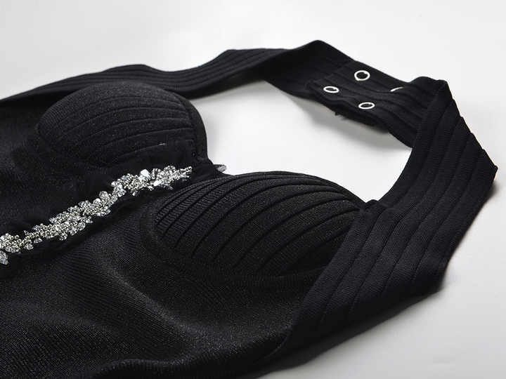 Black A-line Halter Neckline Dress with Floral Embellishment