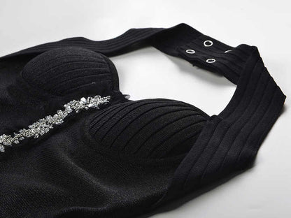 Black A-line Halter Neckline Dress with Floral Embellishment