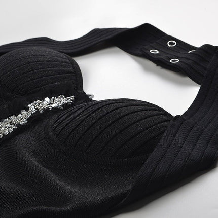 Black A-line Halter Neckline Dress with Floral Embellishment