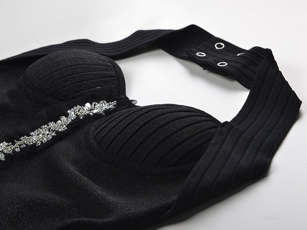 Black A-line Halter Neckline Dress with Floral Embellishment