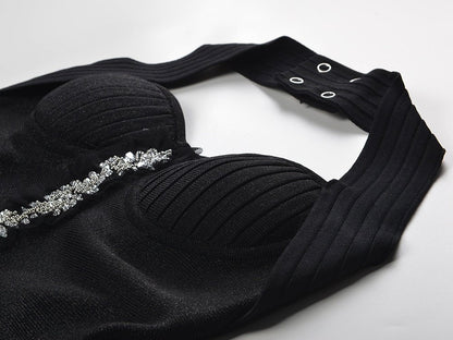 Black A-line Halter Neckline Dress with Floral Embellishment