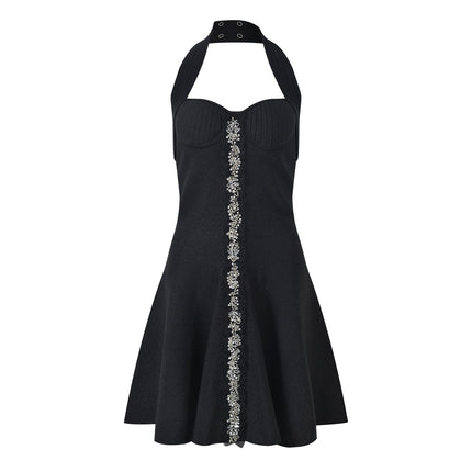 Black A-line Halter Neckline Floral Embellished Dress