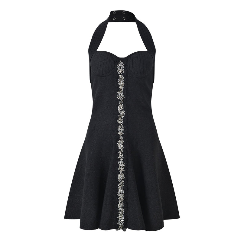 Black A-line Halter Neckline Floral Embellished Dress