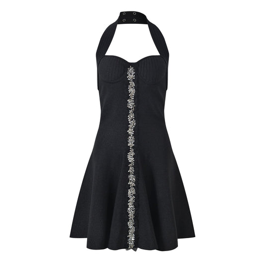 Black A-line Halter Neckline Floral Embellished Dress