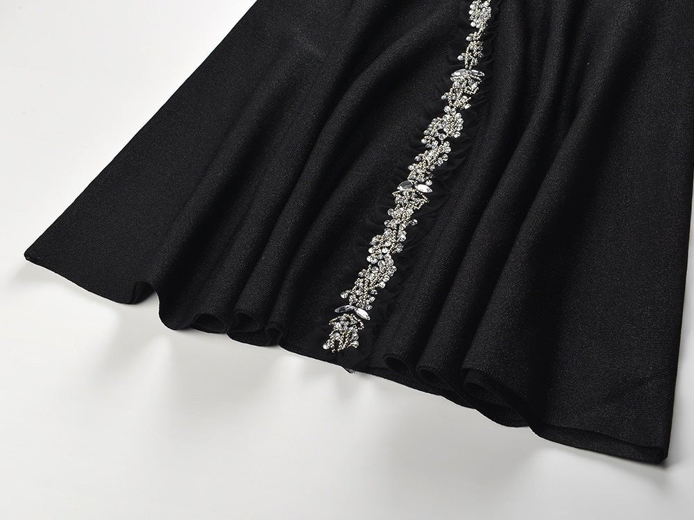Black A-line Halter Neckline Floral Embellished Dress