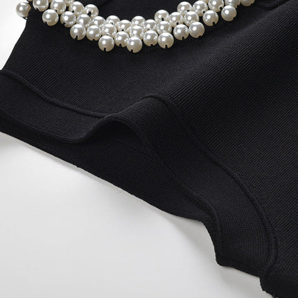 Black A-line Sleeveless Dress with Pearl Collar Detail