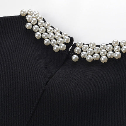 Black A-Line Sleeveless Dress with Pearl Embellished Collar