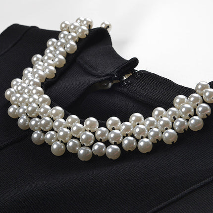 Black A-line Sleeveless Dress with Pearl Collar Embellishment
