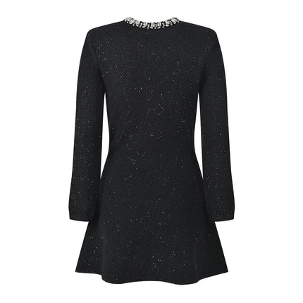 Black A-line structured silhouette dress with crystal details