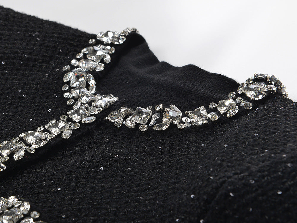 Black A-line Structured Silhouette Modern Classic Deep Sparkle Tailored Flare Embellished Crystal Textured Fabric Jewelled Accents Cocktail Events Timeless Contemporary Style