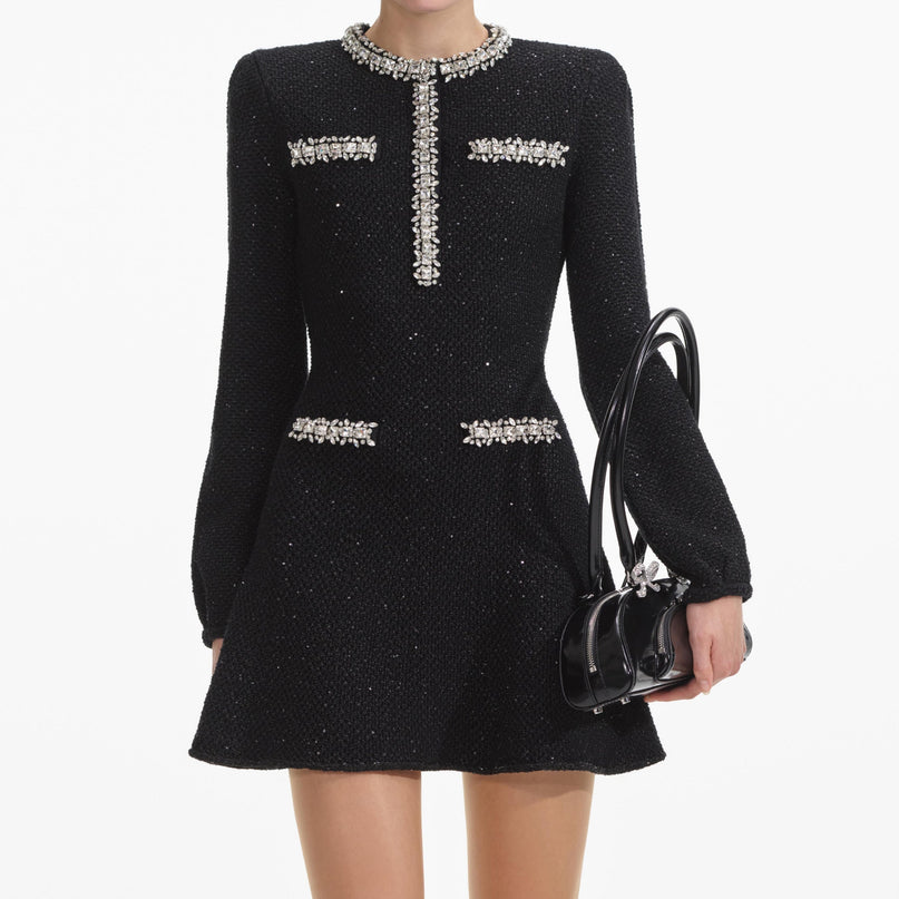 Black A-line Structured Silhouette Sparkle Cocktail Dress with Crystal Details