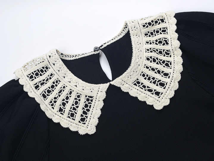 Black A-line Vintage-Inspired Dress with Lace Collar
