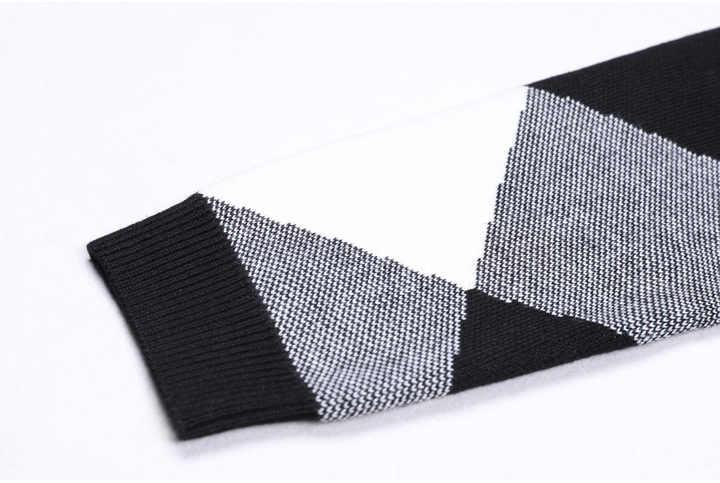 Black and White Argyle Cropped Knit Jacket with Golden Buttons