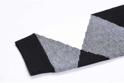 Black and White Argyle Cropped Knit Jacket with Golden Buttons