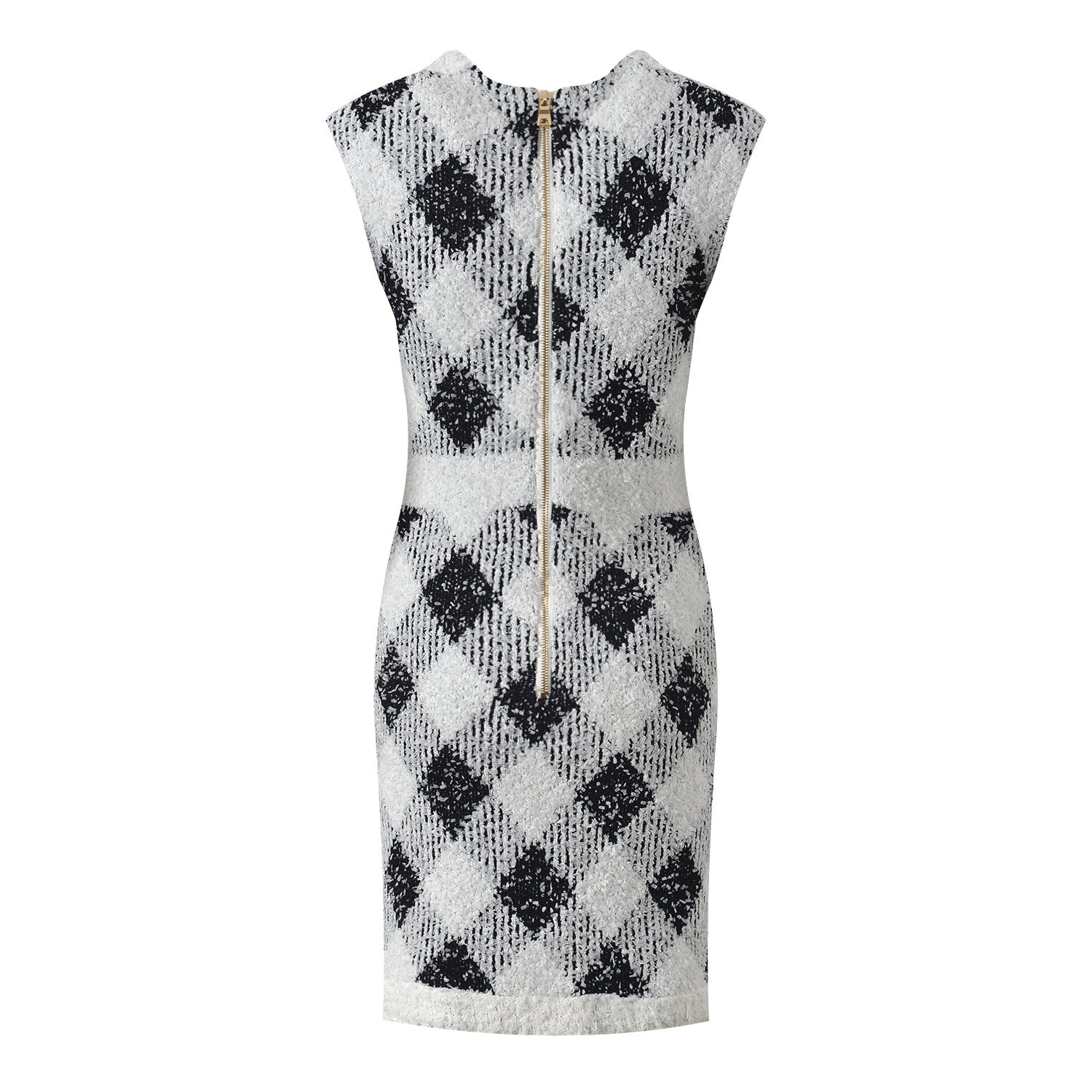 Black and White Argyle Pattern Bodycon Dress with Golden Button Accents