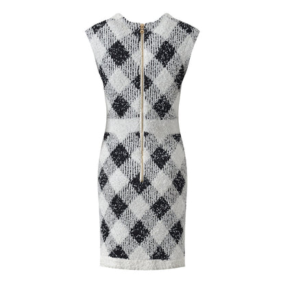 Black and White Argyle Pattern Bodycon Dress with Golden Button Accents