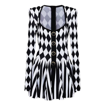 Black and white geometric harlequin pattern fitted dress with gold buttons