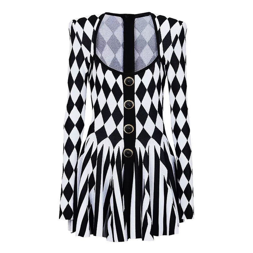 Black and white geometric harlequin pattern fitted dress with gold buttons