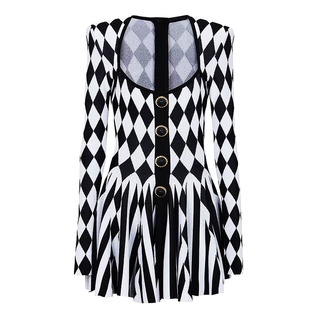 Black and white geometric harlequin pattern fitted dress with gold buttons
